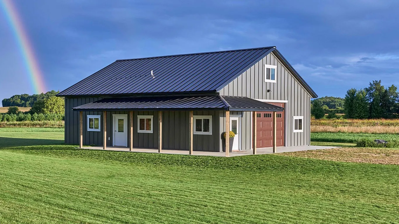 Finished post-frame shop under a Midwest sky